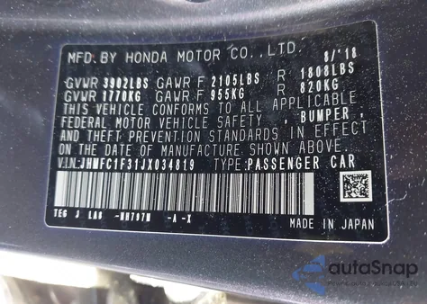 2018 Honda Civic Ex-T from USA, damaged, VIN JHMFC1F31JX034819